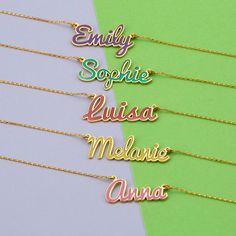 "Personalized Colorful Name Necklace | Custom Gold Name Necklace With Color Filling | Multi Color Name Necklace | Birthday Gift FEATURES * Material: Solid 925 Sterling Silver * Finish: Silver, 18K Gold-Plated, 18K Rose Gold-Plated * All of our jewelry is %100 custom handmade with care * Chain length options 14inch, 16inch, 18inch, 20inch, and 22 inches * All necklaces come with 2\" extender * An ideal gift for Christmas, Mother's Day, Birthday, Valentine's Day HOW TO ORDER * Select Necklace Leng Mother Flower, Silver Jewlery, Letter Bracelet, Gold Name Necklace, Silver Chain Style, Custom Name Necklace, Name Bracelet, Evil Eye Necklace, Name Necklaces