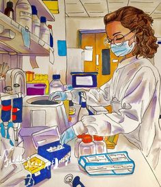 a drawing of a woman in a lab wearing a face mask and holding a pipe