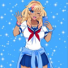 sailor girl holding up her cell phone in front of stars