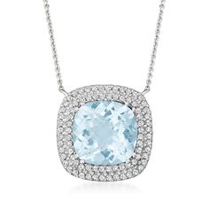 Ross-Simons - 4.00ct Aquamarine Pendant Necklace, .24ct t. w. Diamonds. 16". Whether you love aquamarine for its fresh, fabulous hue or because it is your dazzling March birthstone, this gemstone pendant necklace is an opulent choice for any discerning jewelry box. Featuring a glorious 4.00 carat square cushion-cut aquamarine gem framed by a lush border of .24 ct. t. w. round brilliant-cut diamonds. Set in polished 14kt white gold on a cable chain. Springring clasp, diamond and aquamarine pendan Fine Jewelry Diamond Gemstones With Diamond Cut, Cushion Cut Diamond Gemstones For Fine Jewelry, Platinum Gemstone Necklace In Fine Jewelry Style, Fine Jewelry Diamond With Diamond Cut, Cushion Cut Diamond Fine Jewelry, Classic Gemstones With Diamond Accents, Classic Diamond Gemstones With Diamond Accents, Platinum Diamond Necklace With Gemstone, White Gold Gemstones With Diamond Accents