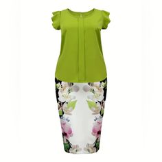 Plus Size Floral Print Two-Piece Set, Crew Neck Ruffle Sleeve Top & Bodycon Skirt Outfits, Women's Plus Size Clothing Elegant Floral Print Short Sleeve Sets, Chic Short Sleeve Green Set, Chic Green Short Sleeve Set, Elegant Green Short Sleeve Sets, Chic Short Sleeve Sets With Floral Print, Chic Short Sleeve Floral Print Set, Bodycon Skirt Outfit, Ruffle Sleeve Top, Fashion Closet