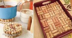 there are two pictures one has wine corks and the other has cheese crackers