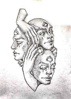 an ink drawing of three faces with one being held up to the other's head