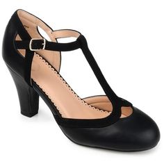 Journee Collection Womens Olina Size: 7.5 Black Black Heels With Heel Tab And Round Toe, Black Almond Toe Heels With Buckle Closure, Black Stacked Heel Shoes, Spring Heels With Heel Tab, 1940s Clothing, Vintage Style Heels, 1940s Outfits, 1940s Style, Pump Heels