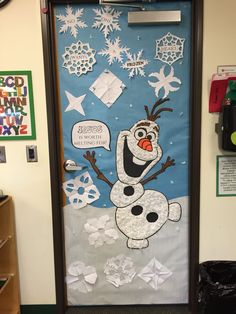 a door decorated to look like a frozen snowman