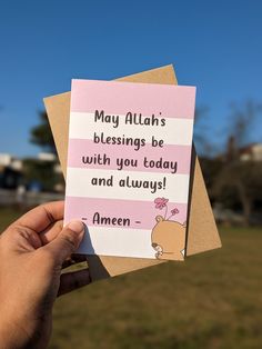 someone holding up two cards with the words, may allah's blessing be with you today and always amen