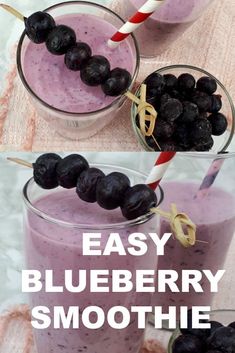 two glasses filled with blueberry smoothie next to each other