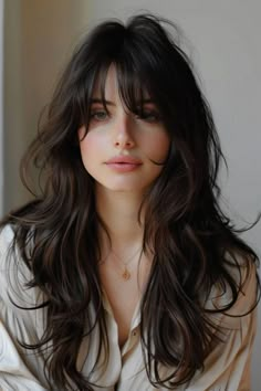 Shah Haircuts For Women, Wispy Bangs Half Up Half Down, Expensive Brunette Curly Hair, Layered Long Hair Bangs, Haircuts For Medium Length Hair Wavy, Long Hair For Oval Face Shape, Long Haircut For Oval Face, Layered Haircut Wavy Hair, Haircuts For Long Thick Wavy Hair