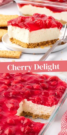 Cherry Delight pin with overlay text No Bake Cherry Pie Filling Desserts, Cherry Cream Cheese Pie Recipe, Cherry Cheese Delight, No Bake Cherry Cheesecake With Cool Whip 9x13, Cherry O Cream Pie Recipe, Cheery Cheesecake Recipes Easy, Recipes Using Canned Cherry Pie Filling, Cherry Delight Dessert 9x13, Dream Whip Cherry Delight