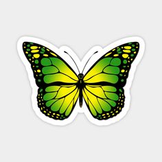 a green and yellow butterfly sticker sitting on top of a white surface with the wings open