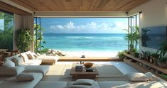 a living room filled with lots of furniture next to an ocean front window and wooden ceiling