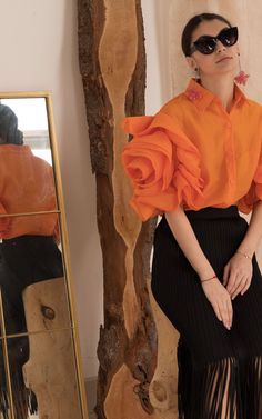 Feature:  - double layered ruffles statement sleeves   - organza shirt  - buttons fasten in front  - orange color     sizing:  - s/m fit uk size 8-14  - m/l fit uk size 14-18. Summer, Staycation, bloat-friendly, jeans-and-a-nice-top, Brunch, Ruffle, Style - Fun, Party, Going Out, Oversized, Short Sleeve, Blouse, Shirt How To Style Orange Top, Fashion Tops Blouse Unique, Organza Top Outfit, Fashion Tops Blouse Style, Over Size Blouse, Ruffle Top Outfit, Ruffle Blouse Outfit, Textured Outfit, Short Sleeve Styles