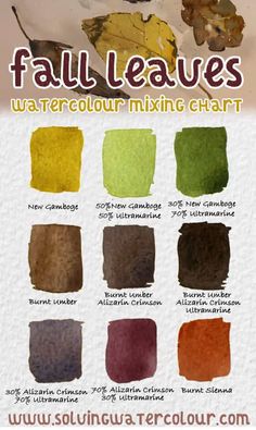 the fall leaves watercolor mixing chart is shown with different colors and sizes, including green,