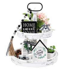 PRICES MAY VARY. Package Includes: This package contains a farmhouse two-tiered tray and 5pcs of wooden signs and beads (sweet home sign*1, Cathedral arch window*1, wooden truck*1, house-shaped sign*1, wooden bead garland with tassel*1). Dimension: The height of this tray is 15.75” in total (7.87” of each layer). The diameter of the bottom tray is 13.39” and the diameter of the top tray is 9.84”. These wooden signs all fit the tray well. They are in harmony with each other to make an impressive Buffalo Plaid Decor, Table Decor Living Room, Plaid Decor, Wooden Bead Garland, Kitchen Table Decor, Rustic Kitchen Decor, House Decorations, Decor Bundle, Decorative Trays