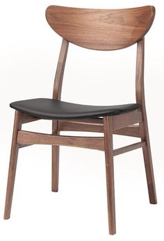 a wooden chair with black leather seat pad on it's back end and side