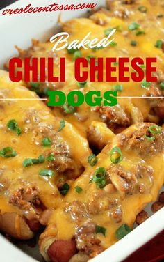 baked chili cheese dogs in a casserole dish