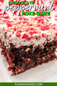 a piece of chocolate peppermint poke cake on a plate