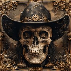 a skull wearing a cowboy hat in front of a gold frame with an ornate border