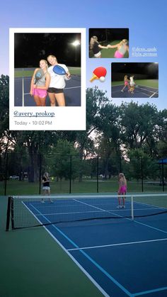 two women standing on a tennis court holding racquets and posing for pictures