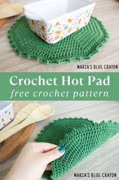 the crochet hot pad is made with green yarn