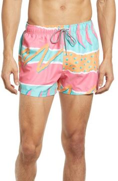 Neon colors and bold scribbles bring big '90s energy to swim trunks cut from quick-drying fabric that keeps you comfortable in the water, on land and back. 3" inseam; 24 1/2" leg opening; 11 1/2" front rise; 14" back rise (size Medium) 100% polyester Liner Machine wash, tumble dry Imported Printed Swim, Neon Colors, Mens Swimwear, Swim Trunks, Board Shorts, Swim Trunk, Quick Dry, Top Brands, Nordstrom