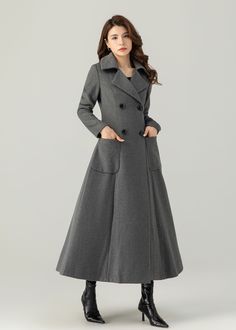 "FEATURES 50% wool, 50% wool blend Fully liner with polyester (plaid lining) Two pockets Lapel collar Long sleeve Button closure in front Double breasted coat For Winter, Autumn Long wool coat dry clean ★★Mode size Height 170cm (5′ 7″)  Bust 84 cm (33\")  Waist 66 cm (26\")  She wears size XS. ★★Bespoke Order Service If you Request other color Request the length Your height is not between 155 cm- 175 cm Your weight is not between 47 kg -77 kg I can do it for you, It will need some extra fee depe Elegant Gray Wool Coat For Office, Gray Wool Long Sleeve Coat For Office, Elegant Gray Wool Coat With Pockets, Gray Wool Coat For Office In Fall, Gray Double-breasted Wool Coat For Fall, Fitted Gray Wool Coat With Pockets, Gray Lapel Collar Pea Coat For Fall, Gray Fitted Wool Coat With Pockets, Gray Single-breasted Wool Coat For Fall