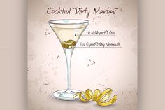 cocktail party martini with olive garnish and gold ribbon on old paper background - food objects