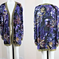 "Stunning and heavily beaded!! Excellent condition Measuring: 30\" Width:46\" Sleeves: 24\" Pet Free/smoke free Enjoy!" Bohemian Evening Outerwear With Long Sleeves, Festive Fitted Beaded Outerwear, Fitted Long Sleeve Beaded Outerwear, Bohemian Style Embellished Outerwear For Party, Bohemian Embellished Party Outerwear, Halter Wedding, Beaded Jacket, Sequin Beading, Sequin Top