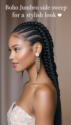 If you’re drawn to a free-spirited and relaxed look, boho braided hairstyles are the perfect inspiration. These styles often feature loose, undone braids that give off a carefree vibe. Think of boho braids as a mix of natural beauty and effortless charm. One popular style in this category is the braided crown, which looks intricate but is simple to achieve.  To add more of a boho touch, you can incorporate small braids throughout your hair, or leave a few strands loose for a relaxed feel. Flower 9 Braids Hairstyle, Beautiful Cornrows Black Women, Elegant Cornrow Hairstyles, Woman Braids Hairstyles, Trending Cornrows Hairstyles, Two Jumbo Braids, One Braid Hairstyles, Natural Hairstyles For Long Hair, Cornrolls Hairstyles Braids