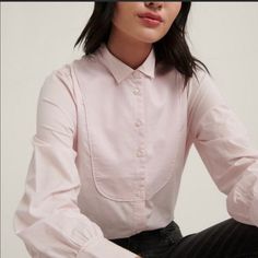 Cute Works Shirt Feminine Long Sleeve Cotton Shirt, Feminine Cotton Collared Shirt, Feminine Long Sleeve Tops For Everyday, Classic Pink Everyday Tops, Classic Pink Tops For Everyday, Pink Cotton Office Top, Feminine Cotton Collared Tops, Feminine Cotton Shirt For Workwear, Tuxedo Shirt