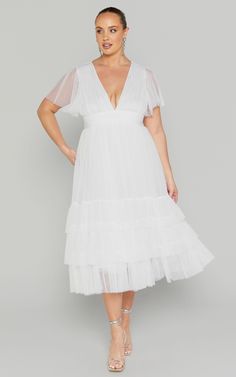 Jiraye Midi Dress - Flutter Sleeve Tuelle Plunge Dress in White | Showpo USA White Dresses Online, Plunge Midi Dress, Graduation 2024, Midaxi Dress, Plunge Dress, White Dresses, Engagement Photo, Plunging Neckline, Formal Occasion