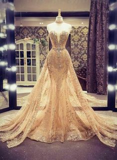 Details About Gold Sparkling Mermaid Evening Prom Party Dress Dress Celebrity, Prom Dress Black, Gold Evening Dresses, Celebrity Gowns, Gold Wedding Dress, Gold Prom Dresses, Detachable Train, Dress Luxury, Ball Gowns Evening