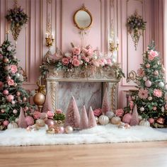 a pink room decorated for christmas with trees and ornaments on the fireplace mantels