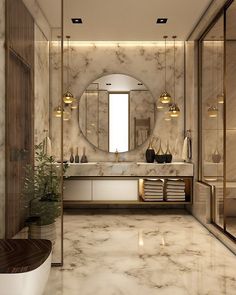 an elegant bathroom with marble walls and flooring