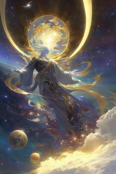 an artistic painting of a woman in the sky with her arms outstretched, surrounded by planets and stars