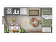 an overhead view of a bedroom and living room in a tiny apartment with kitchenette