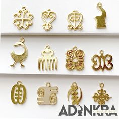 "NOW INCLUDES AKOBEN These Gold Adinkra Charms are perfect for personalizing a bracelet or necklace or they are light enough for earrings! Every charm is made right here in the United States, free of nickel, lead and cadmium. This set includes- 2 of the following charms - Sankofa - Sankofa Bird - Dwennimmen - Gye Nyame - Odo Nnyew Fie Kwan - Funtunfunefu-Denkyemfunefu - Duafe - Hye Won Hye - Nyame Dua - ESE NE TEKREMA - KWATAKYE ATIKO - Akoben Size: 3/4\" x 3/4\"" Unique Handmade Gold Charms, Spiritual Gold Hypoallergenic Jewelry, Nickel Free Gold Spiritual Charms, Handmade Gold Spiritual Charms, Handmade Gold Symbolic Charms, Traditional Gold Hypoallergenic Jewelry, Symbolic Gold Dangle Jewelry, Symbolic Handmade Gold Charms, Gold Symbolic Dangle Jewelry