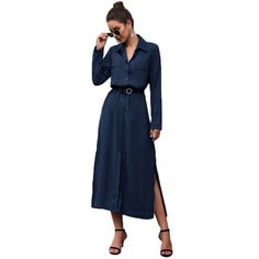 Navy Blue Button Down Split Maxi Shirt Dress Blue Button-up Midi Dress For Office, Blue Collared Midi Dress For Fall, Collared Blue Shirt Dress For Office, Single-breasted Button-up Office Dress, Blue Collared Shirt Dress For Office, Single Breasted Button-up Office Dress, Blue Button-up Formal Dress, Long Sleeve Blue Shirt Dress For Work, Blue Button-up Dress For Formal Occasions