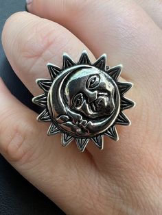 "Women's Large Solid 925 sterling silver sun & moon ring Available in sizes 5-10 Ring is very detailed and handmade Stamped 925 - solid 925 silver not plated or filled Oxidized with rhodium to give it a black finish for a vintage two tone look Weighs 5.5-6 grams depending on size Large size 18mm in height...roughly 3/4\" Ships fast Let us know if have any questions" Sterling Silver Celestial Jewelry For Festivals, Celestial Style Sterling Silver Jewelry For Festivals, Silver Celestial Jewelry For Festivals, Celestial Silver Jewelry For Festivals, Celestial Sterling Silver Jewelry For Festival, Adjustable Symbolic Festival Rings, Silver Moon Shaped Jewelry For Festivals, Sun And Moon Design Jewelry For Summer, Summer Gift Jewelry With Sun And Moon Design