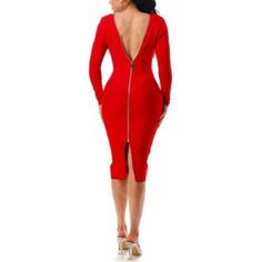 Details Curve Hugging Zipper Midi Bandage Dress Color: Red Length: Approx. 42" Medium Material: 97% Polyester 3% Spandex Model: Size Small Red Dress With Back Zipper For Night Out, Red Bodycon Dress For Club, Red Fitted Bodycon Dress For Club, Red Stretch Bandage Dress, Red Stretch Elastane Bodycon Dress, Red Mini Dress With Back Zipper For Night Out, Red Stretch Dress With Back Zipper, Red Stretch Bodycon Knee-length Dress, Red Stretch Knee-length Bodycon Dress