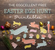 easter egg hunt printables on a wooden table with eggs, carrots and croissants