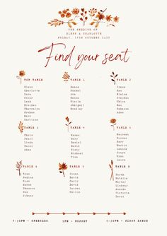 a floral seating chart with the words find your seat