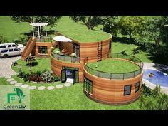 an artist's rendering of a circular house in the middle of a green field