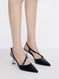 Black Asymmetric Curved Heel Slingback Pumps - CHARLES & KEITH US Faux Leather Heels, Size Chart For Kids, Charles Keith, Slingback Pump, Black Pumps, Belt Size, Leather Heels, Pumps Heels, Comfortable Shoes