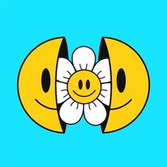 two yellow smiley faces with white flowers in the middle and one has black eyes on it