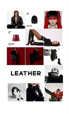 a collage of photos with the words leather written in black and red on them