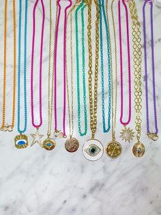 Layering necklaces make for happy days! Mix and match these with your favorite gold chains, charms and everything in between. 18” long Made in Charleston, SC Colorful Box, Chain Layering, Layering Necklaces, Pink Enamel, Happy Days, Layering Necklace, Green Turquoise, Charleston Sc, Box Chain