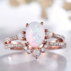 2 Pcs Stackable Rose Golden Oval Opal Rings With Colorful Lights, Shiny Simulated Diamonds, And Exquisite Detail Perfect For Any Occasion And Daily Wear. Pink Opal Wedding Ring, Vintage Opal Rings, Opal Wedding Ring Set, Opal Engagement Rings, Opal Wedding Ring, Opal Wedding, Colorful Lights, Opal Wedding Rings, Engagement Rings Opal