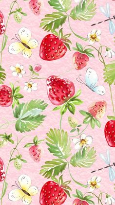 a pink background with strawberries and flowers