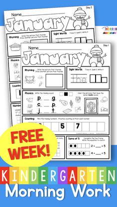 Print an entire FREE WEEK of kindergarten seat work for the month of January! Students love the repetition and can be independent with their daily worksheets.  Each day covers important phonemic awareness, math, sight words, CVC words and more!   NEW UPDATES include Google Slides and Spanish printables. #kindergarten #kindergartenworksheets Spanish Printables, Learning Worksheets, Phonemic Awareness, Teaching Kindergarten, Cvc Words, Morning Work, Kindergarten Worksheets, Sight Words, Fun Learning